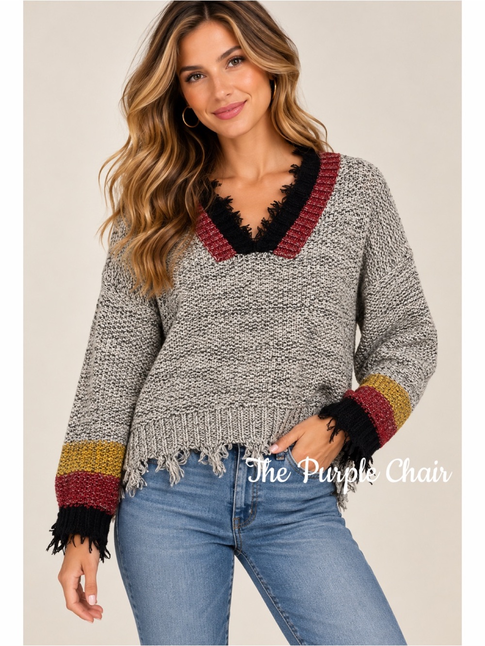 VINTAGE HAVANA Chunky Knit Frayed Trim Sweater M